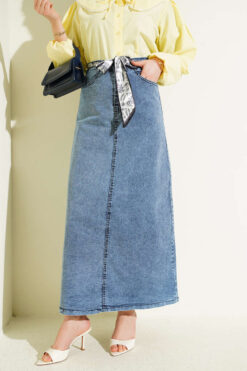 Denim Skirt with Shawl Detail Light Blue