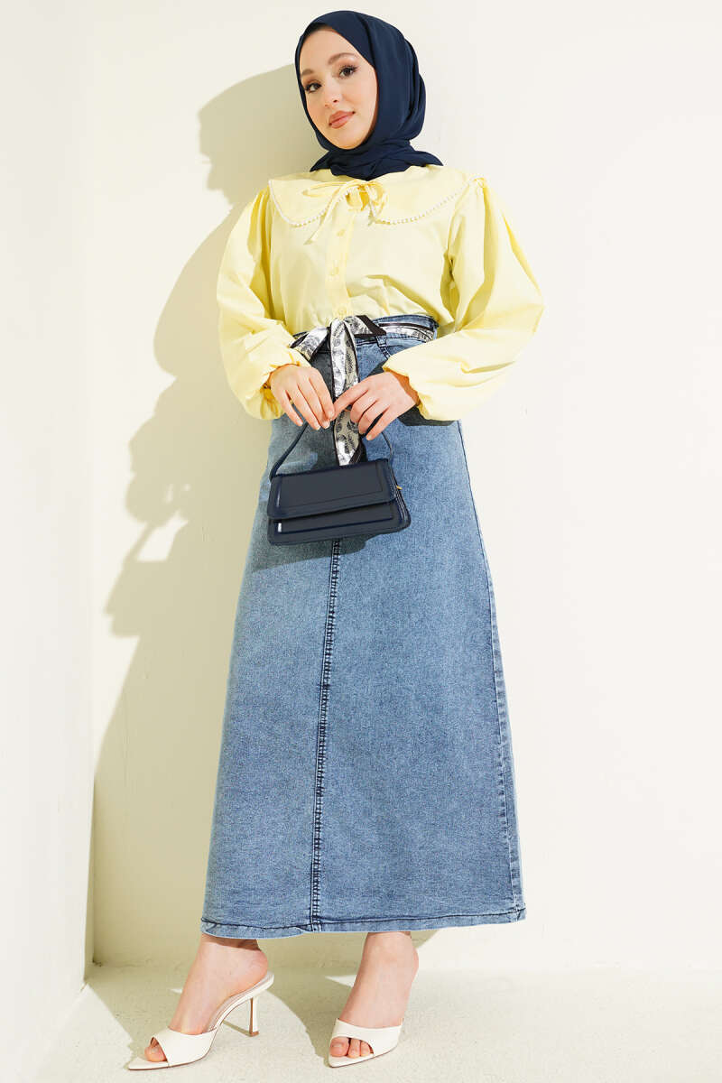 Denim Skirt with Shawl Detail Light Blue – Image 2