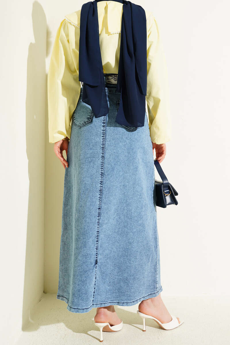 Denim Skirt with Shawl Detail Light Blue – Image 3