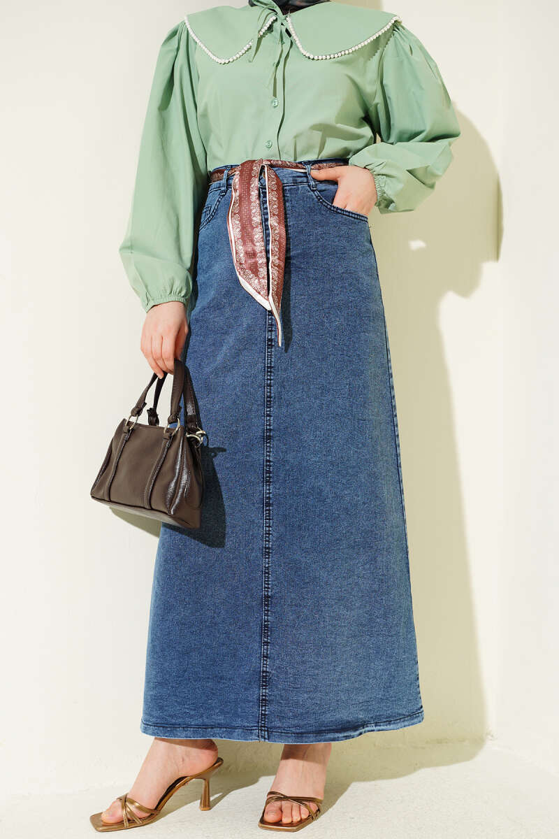 Denim Skirt with Shawl Detail Light Blue – Image 5