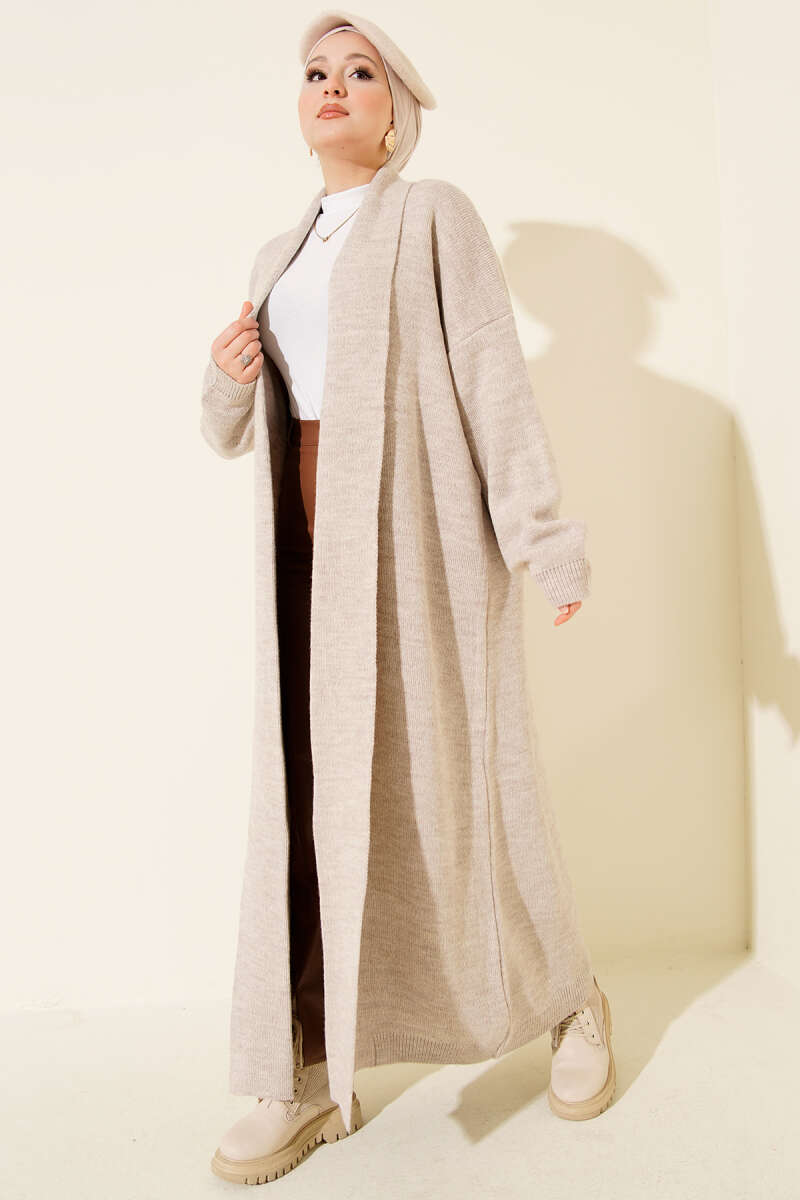 Shawl Collar Basic Long Knit Cardigan Beige