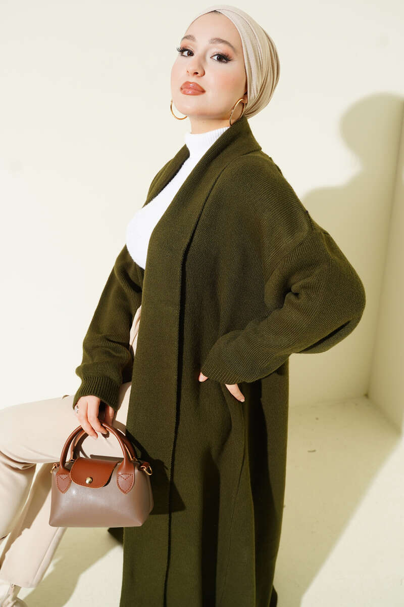 Shawl Collar Basic Long Knit Cardigan Khaki - الصورة 2