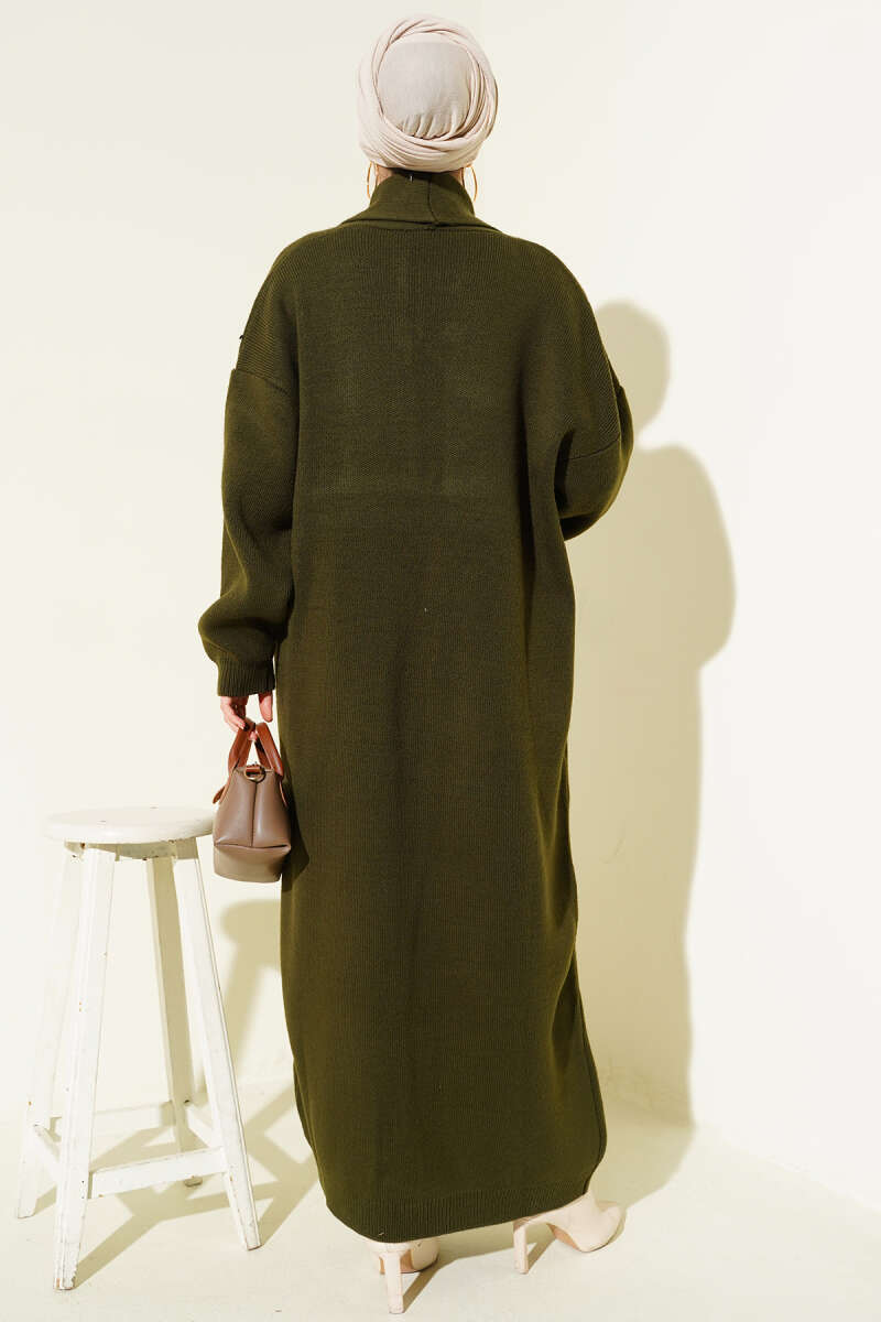Shawl Collar Basic Long Knit Cardigan Khaki - الصورة 3