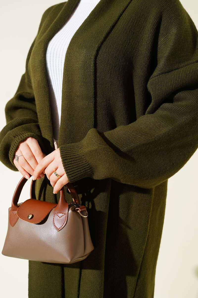 Shawl Collar Basic Long Knit Cardigan Khaki - الصورة 4