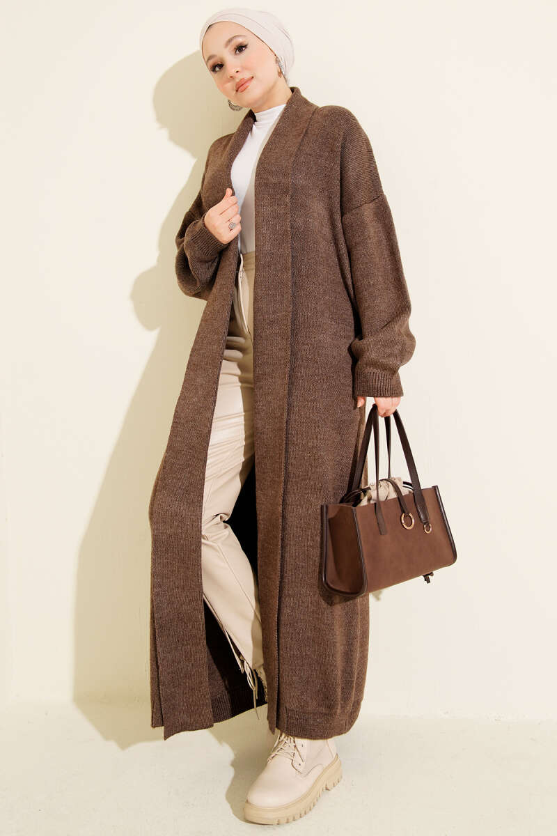 Shawl Collar Basic Long Knit Cardigan Brown