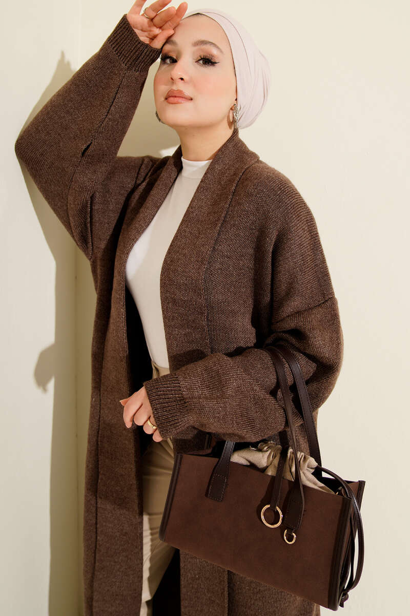 Shawl Collar Basic Long Knit Cardigan Brown - الصورة 2