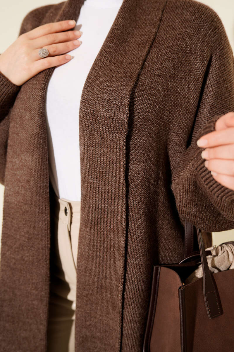 Shawl Collar Basic Long Knit Cardigan Brown - الصورة 4
