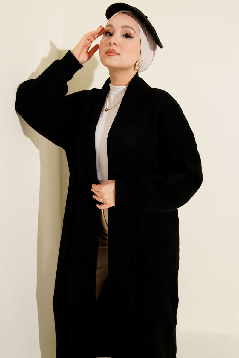 Shawl Collar Basic Long Knit Cardigan Black - الصورة 2