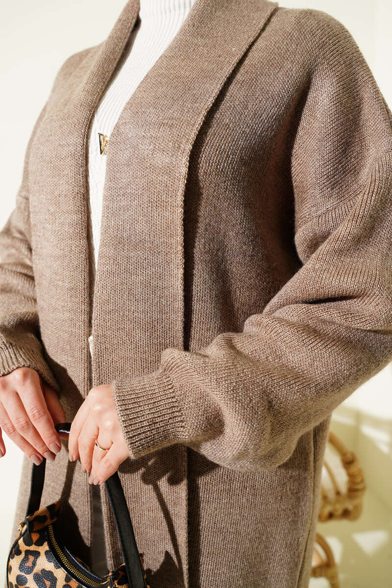 Shawl Collar Basic Long Knit Cardigan Mink - الصورة 4