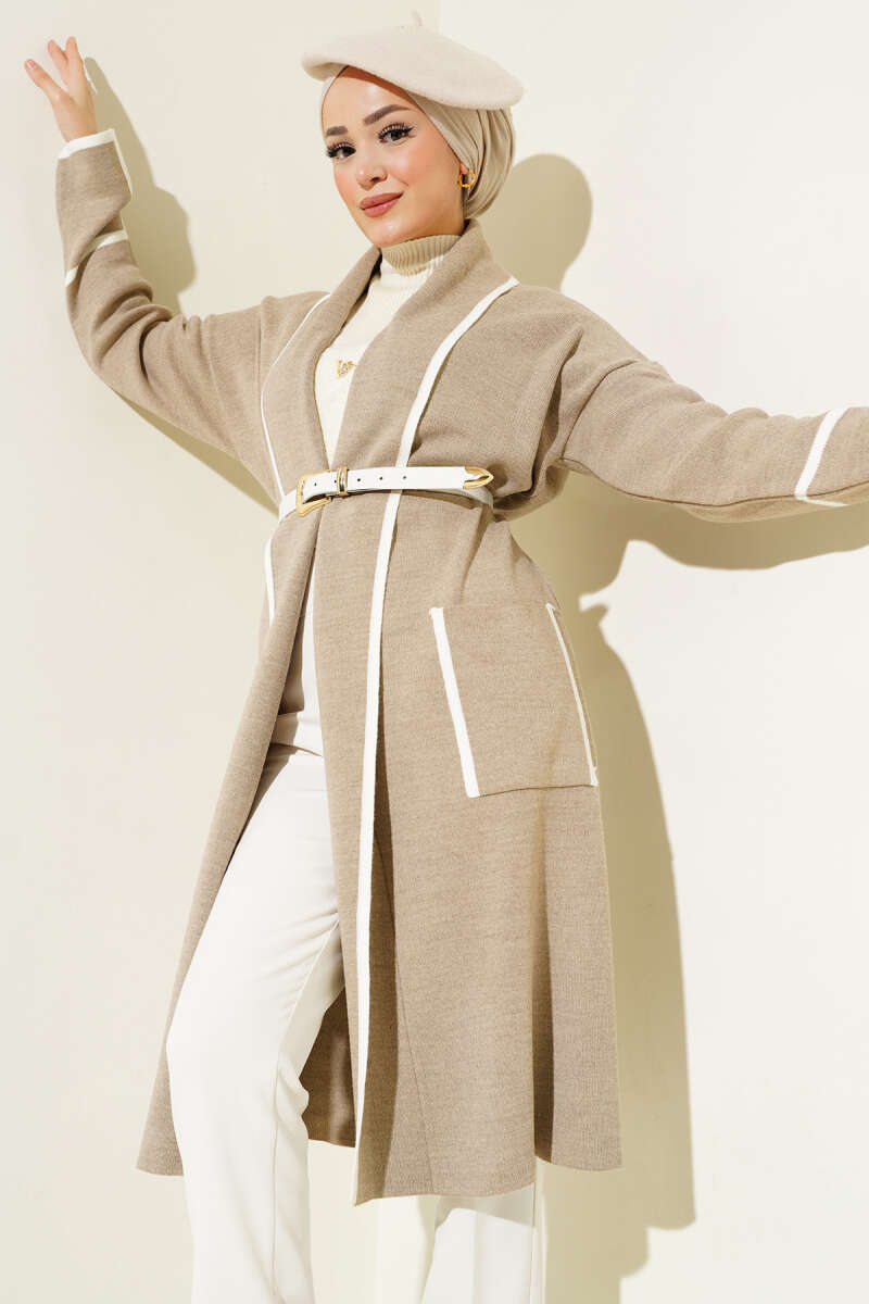 Shawl Collar Pocketed Knit Cardigan Beige
