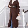 Long Knitted Cardigan with Shawl Collar and Pockets Brown