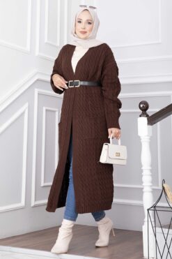 Long Knitted Cardigan with Shawl Collar and Pockets Brown
