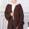 Long Knitted Cardigan with Shawl Collar and Pockets Brown – Bild 2