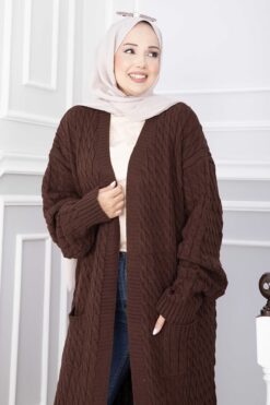 Alternative view of Long Knitted Cardigan with Shawl Collar and Pockets Brown