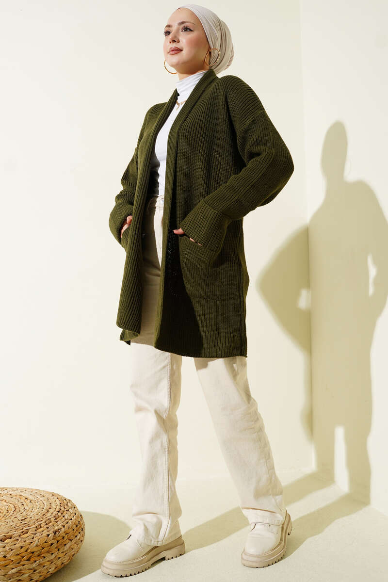 Shawl Collar Rice Knit Cardigan Khaki - الصورة 2