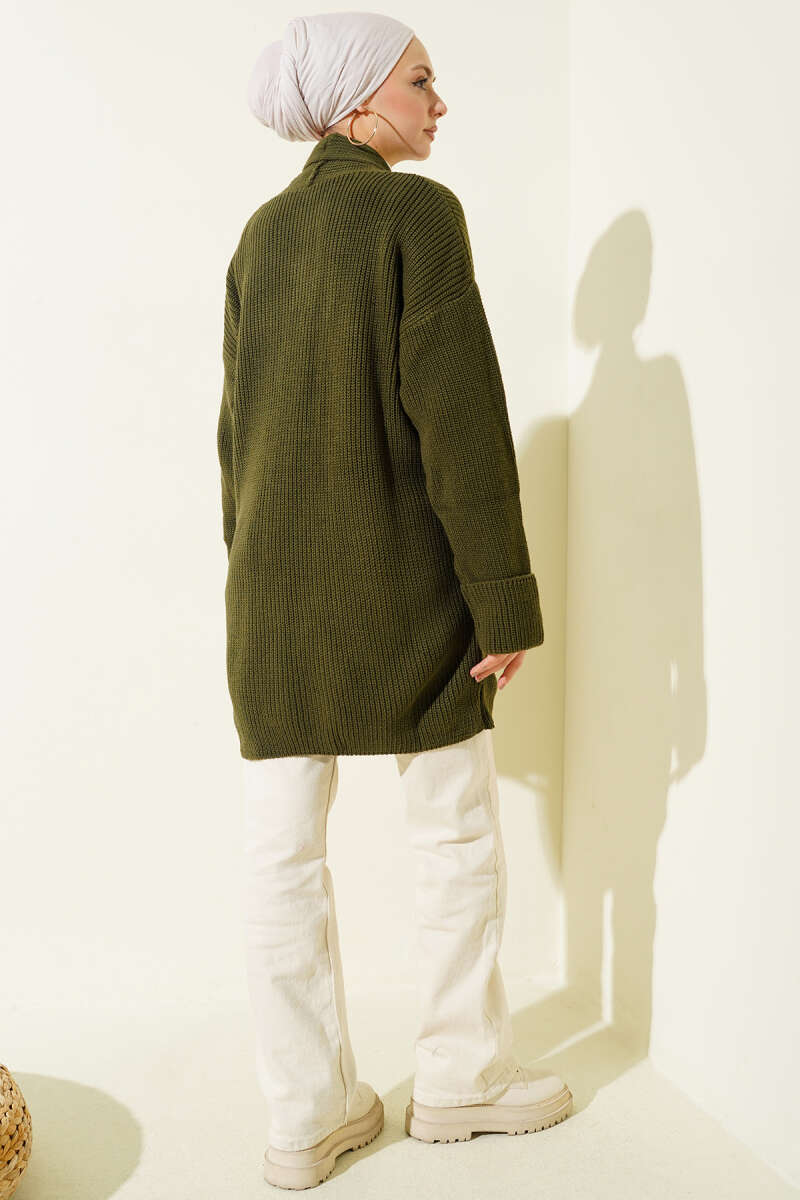 Shawl Collar Rice Knit Cardigan Khaki - الصورة 3