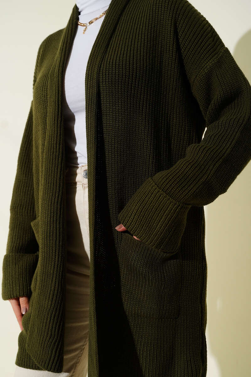 Shawl Collar Rice Knit Cardigan Khaki - الصورة 4