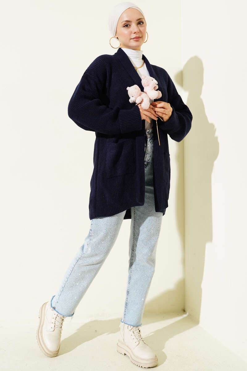 Shawl Collar Rice Knit Cardigan Navy Blue - الصورة 2
