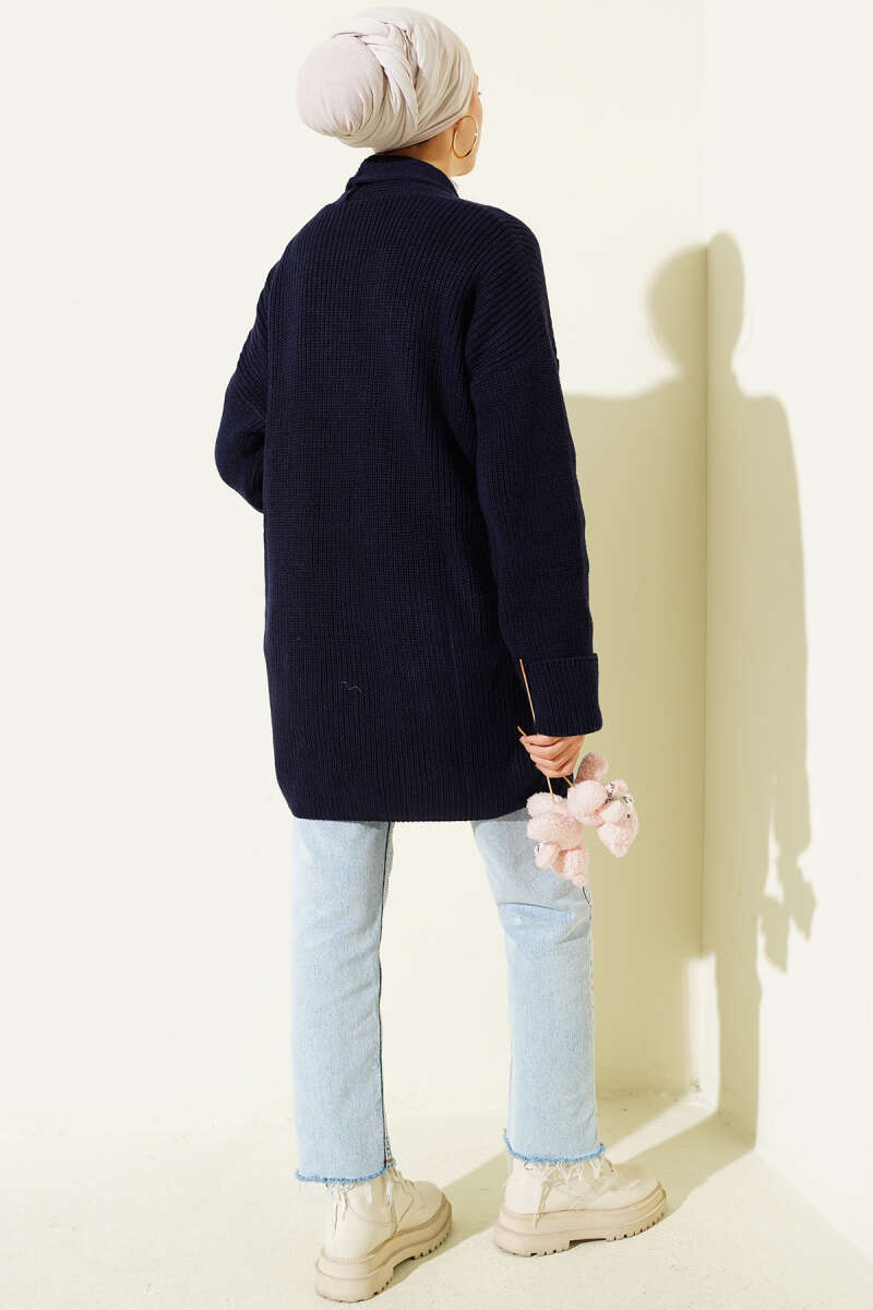 Shawl Collar Rice Knit Cardigan Navy Blue - الصورة 3