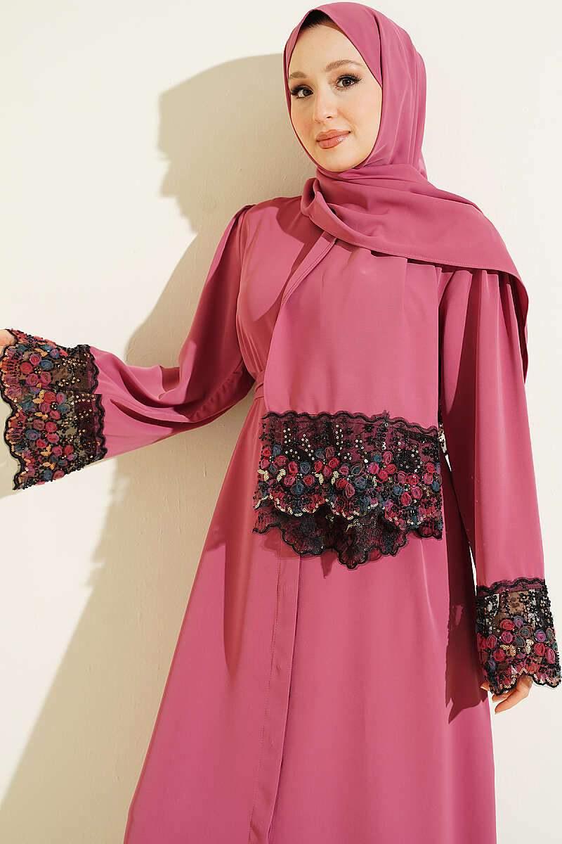 Floral Embellished Abaya Dress Rose Dust – Image 2