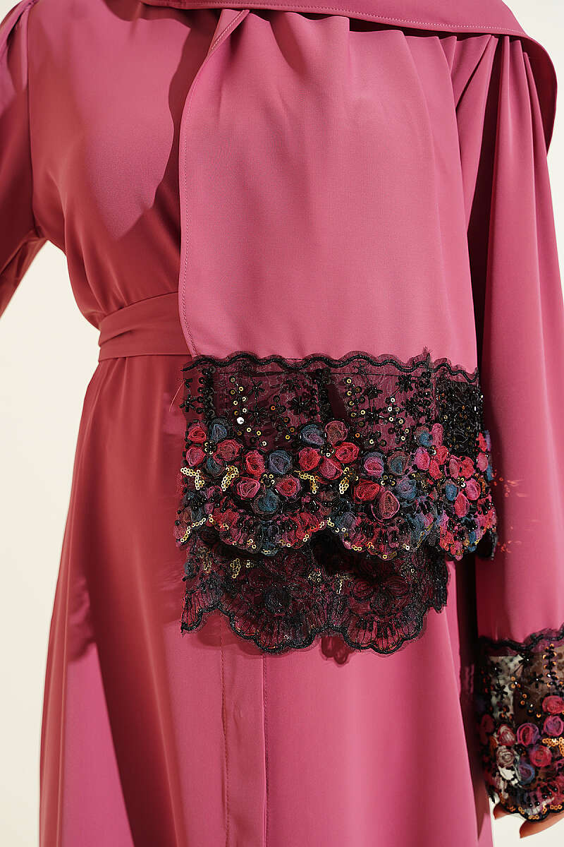 Floral Embellished Abaya Dress Rose Dust – Image 4
