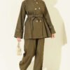 Salyangoz Buttoned Denim Two-Piece Set Khaki