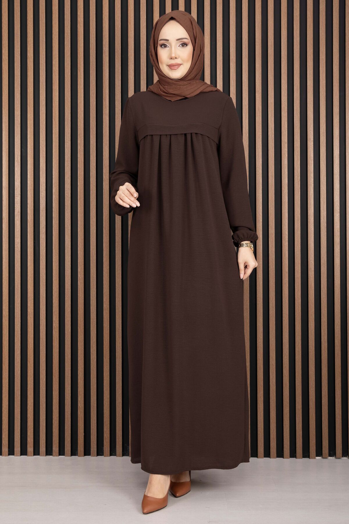 Sare Robe Detailed Modest Dress Brown