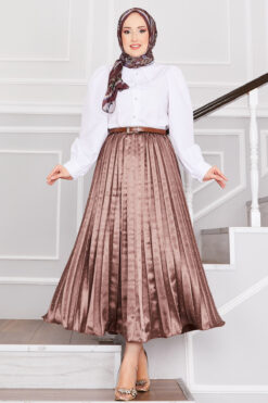Satin Pleated Skirt with Stone Embellishments Brown