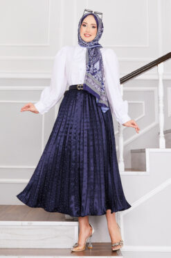 Satin Pleated Skirt with Stone Embellishments Navy Blue