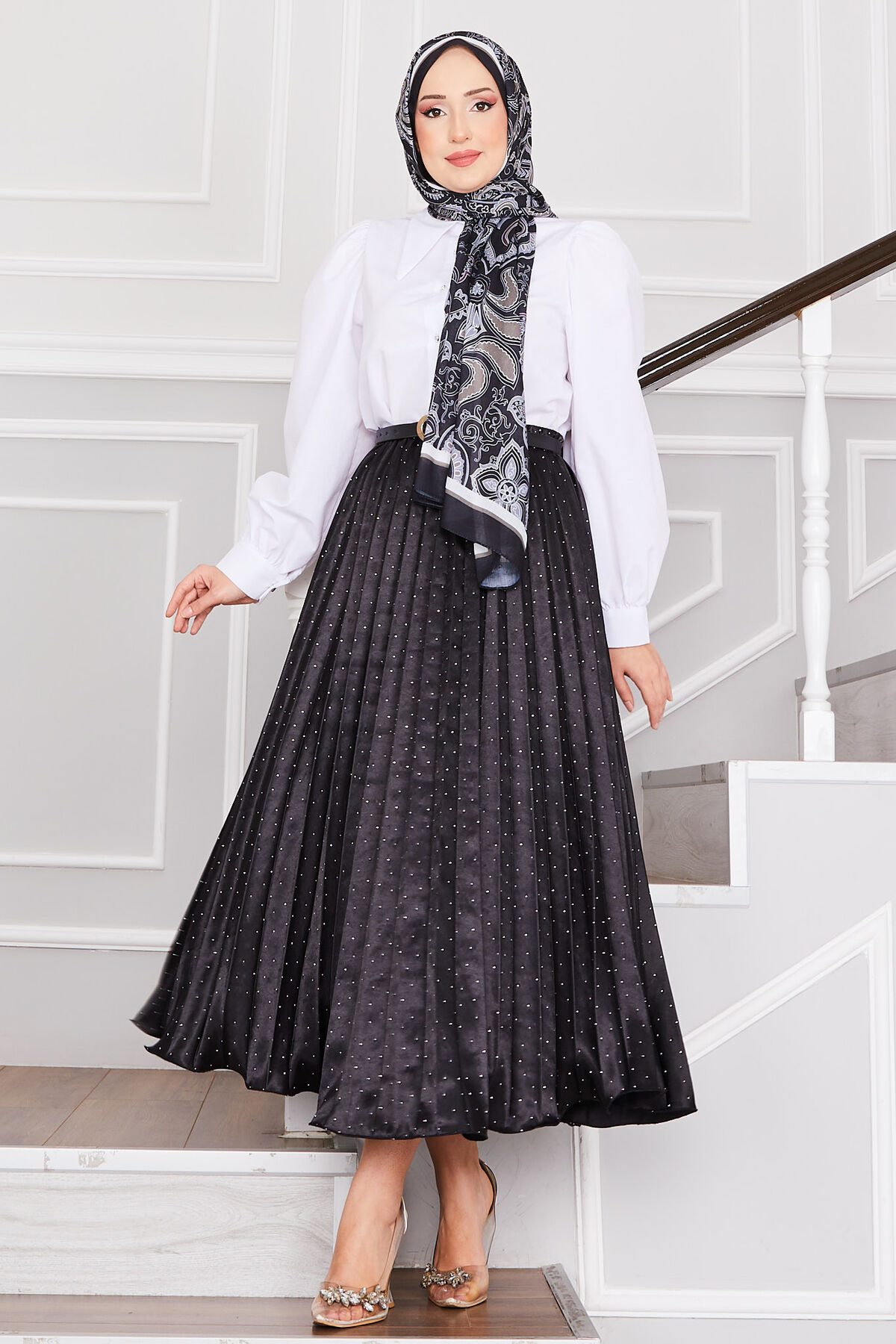Satin Pleated Skirt with Stone Embellishments Black