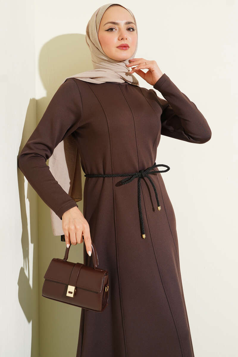 Scuba Detailed Belted Dress Brown – Bild 2