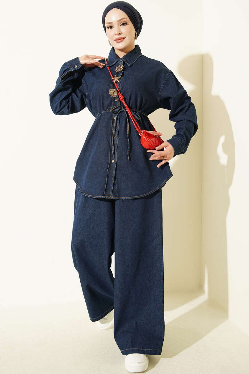 Embroidered Symbol French Terry Two-Piece Set with Drawstring Hem Edge Blue