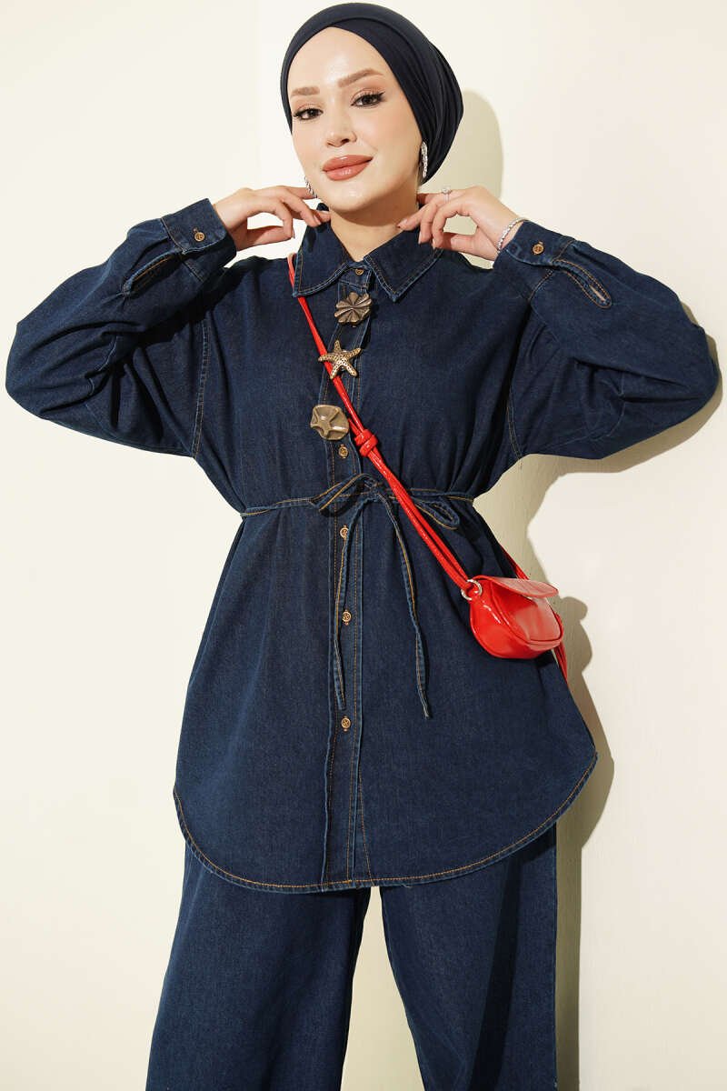 Embroidered Symbol French Terry Two-Piece Set with Drawstring Hem Edge Blue - الصورة 2