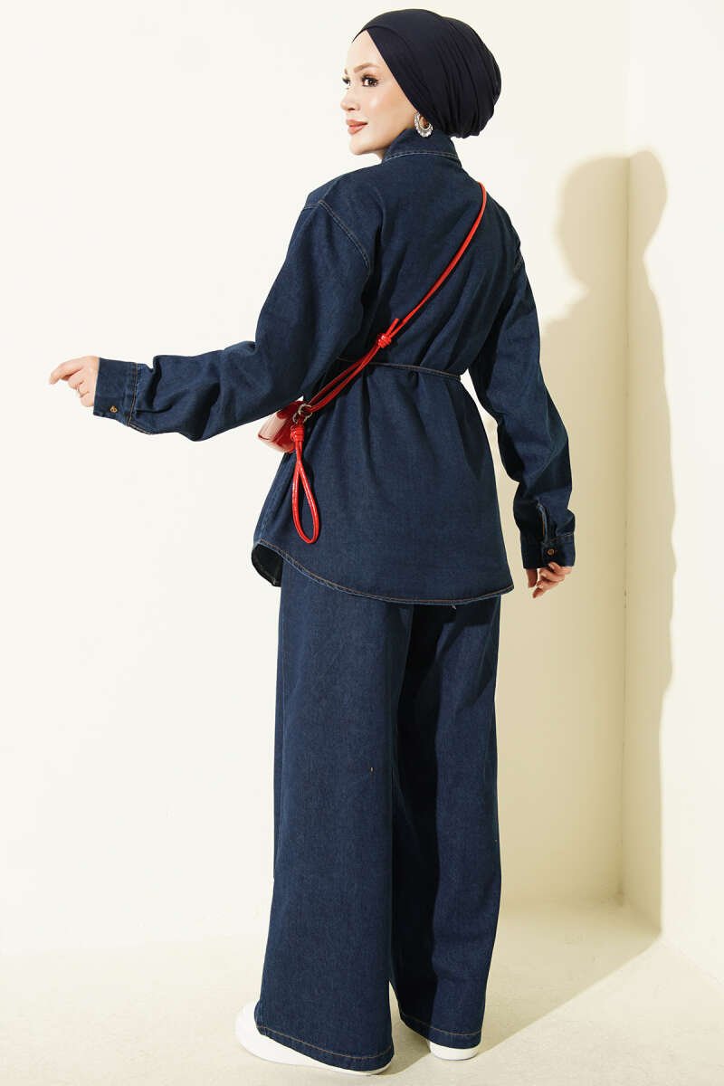 Embroidered Symbol French Terry Two-Piece Set with Drawstring Hem Edge Blue - الصورة 3