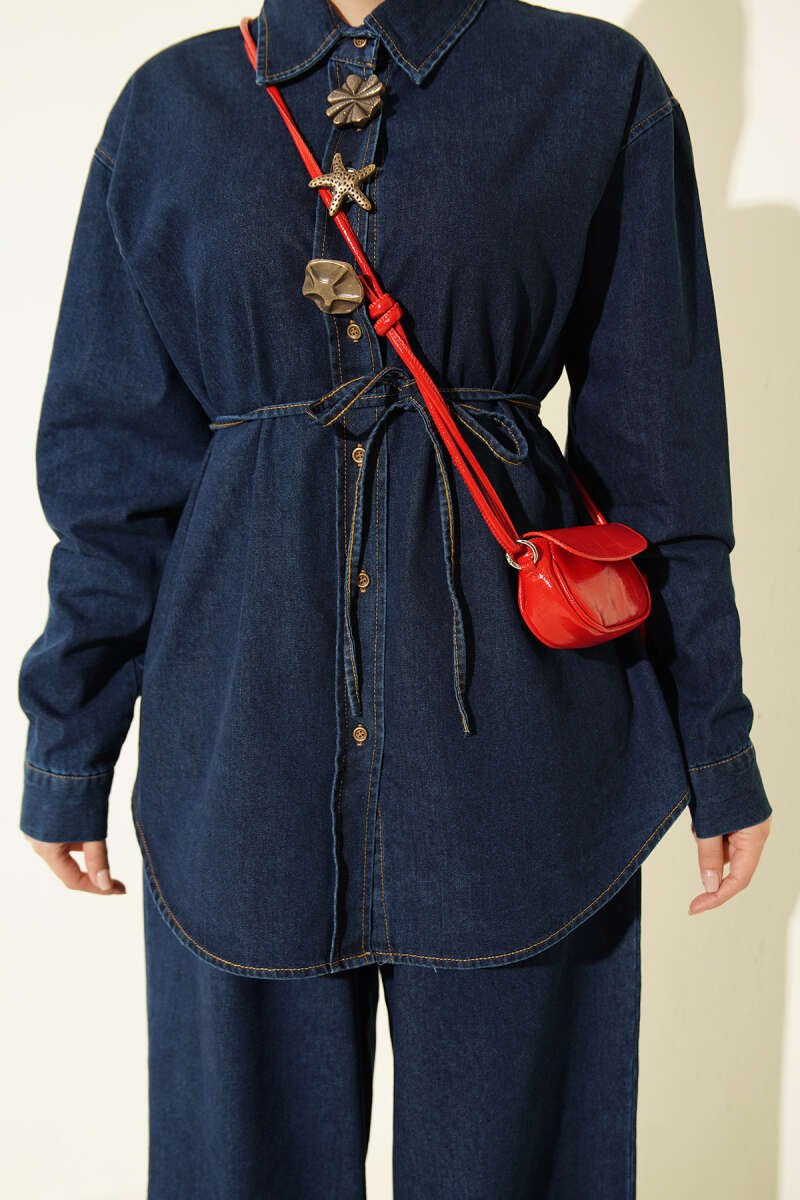 Embroidered Symbol French Terry Two-Piece Set with Drawstring Hem Edge Blue - الصورة 4