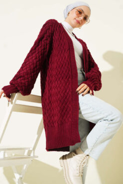Alternative view of Basket Weave Knit Cardigan Burgundy