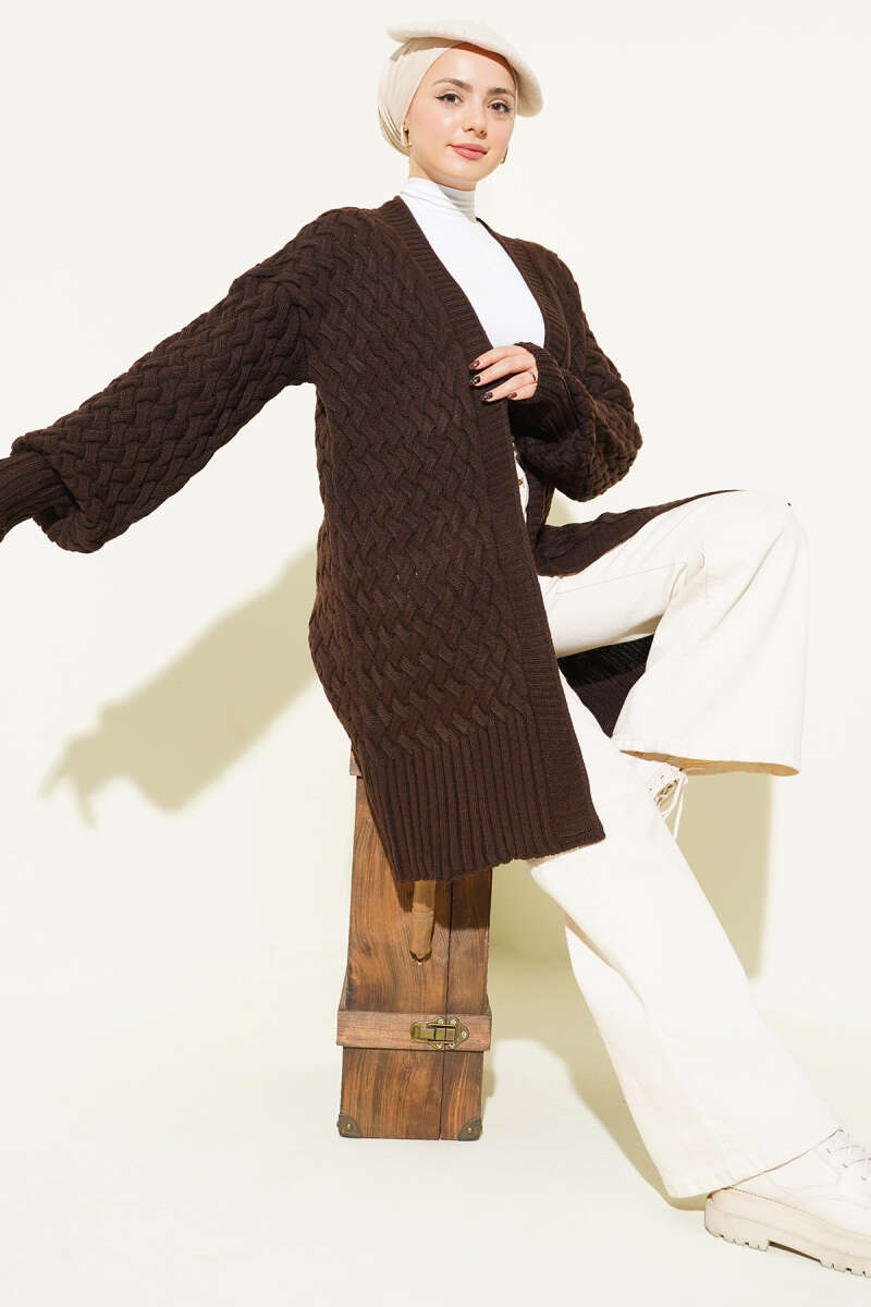 Basket Weave Knit Cardigan Brown