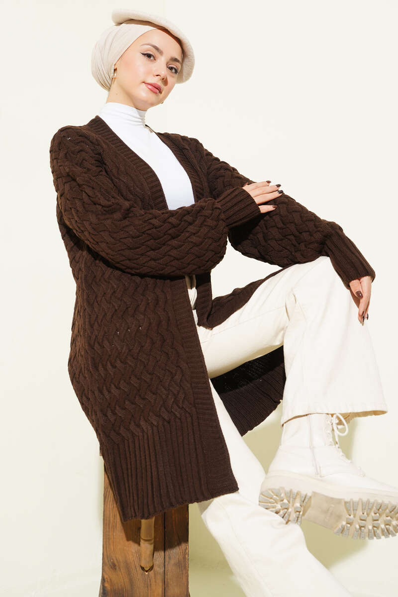 Basket Weave Knit Cardigan Brown - الصورة 2