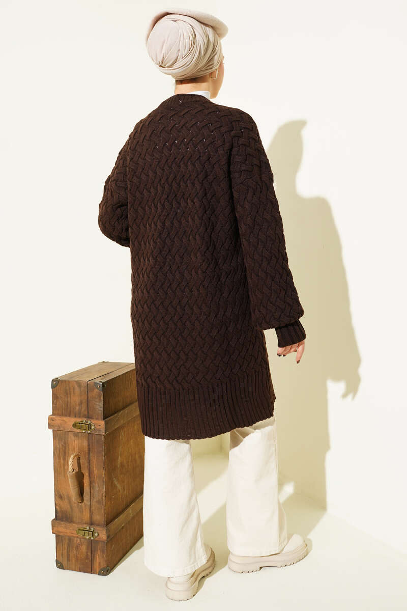 Basket Weave Knit Cardigan Brown - الصورة 3
