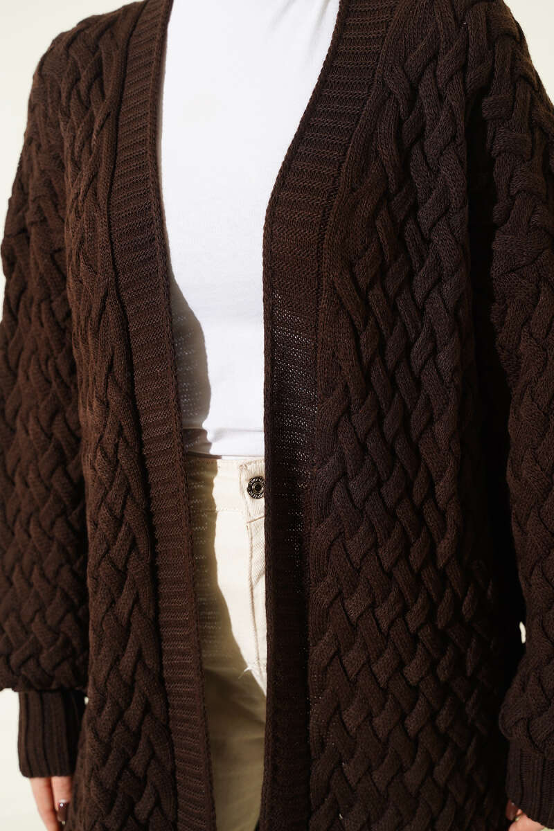 Basket Weave Knit Cardigan Brown - الصورة 4
