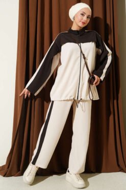 Striped Detail Zip-Up Two-Piece Set Beige