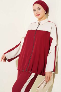 Alternative view of Striped Detail Zip-Up Two-Piece Set Burgundy