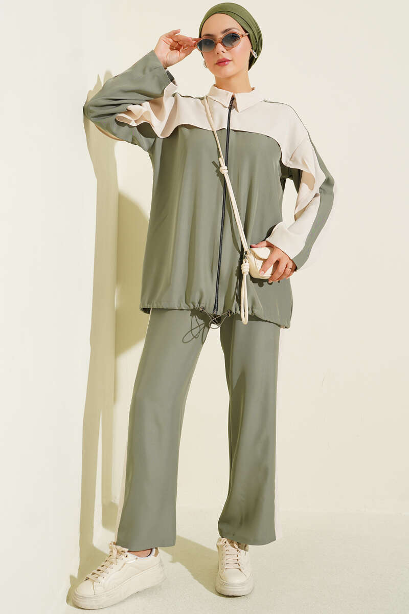 Striped Detail Zip-Up Two-Piece Set Khaki