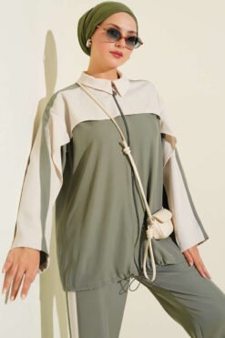 Alternative view of Striped Detail Zip-Up Two-Piece Set Khaki