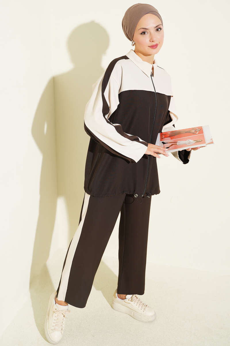 Striped Detail Zip-Up Two-Piece Set Brown