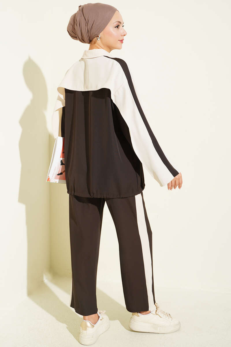Striped Detail Zip-Up Two-Piece Set Brown - الصورة 3