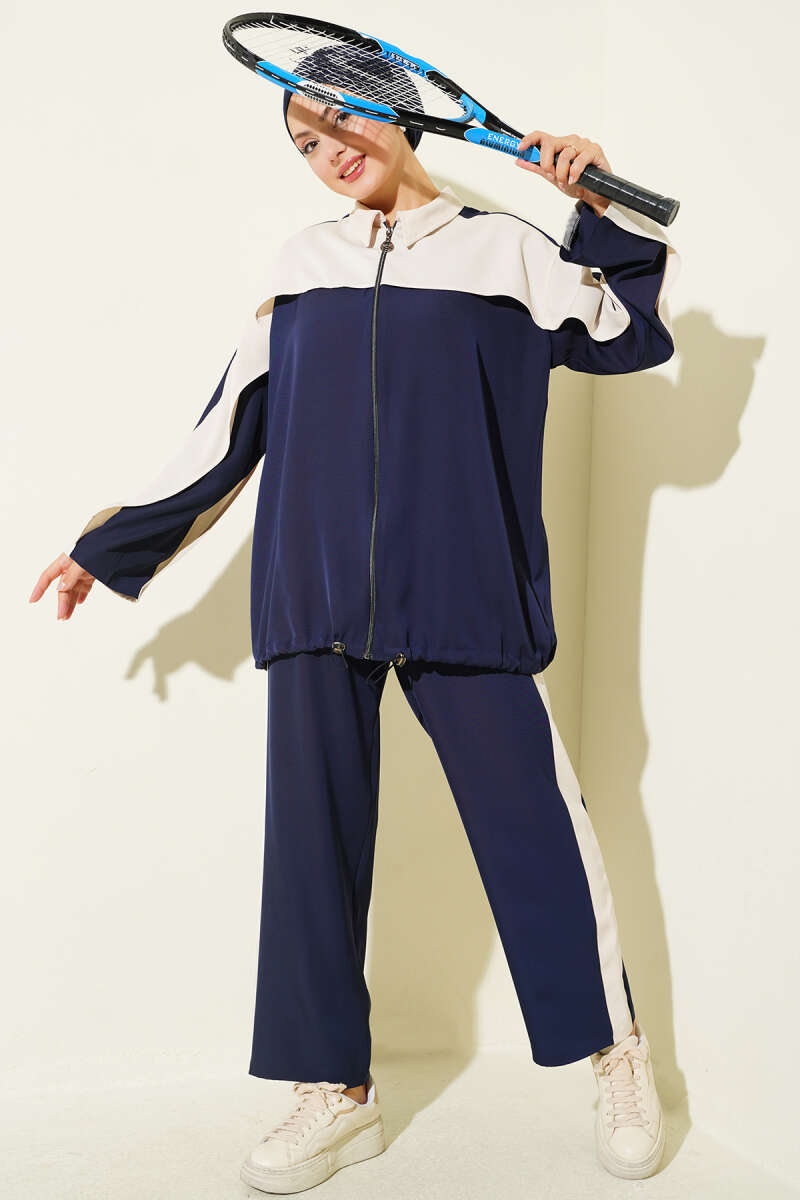 Striped Detail Zip-Up Two-Piece Set Navy Blue