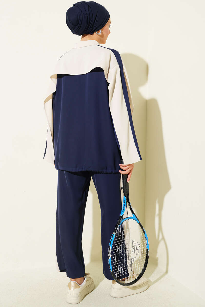 Striped Detail Zip-Up Two-Piece Set Navy Blue - الصورة 3