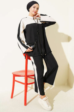 Striped Detail Zip-Up Two-Piece Set Black