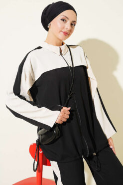 Alternative view of Striped Detail Zip-Up Two-Piece Set Black